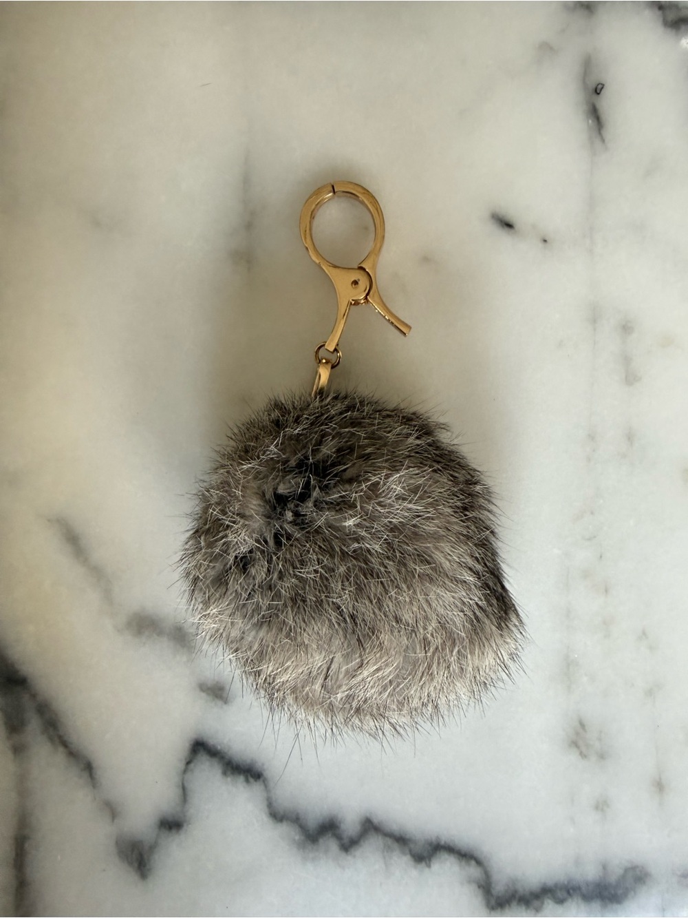 Gold Clip Rabbit Gray Fur Pom Pom Keychain